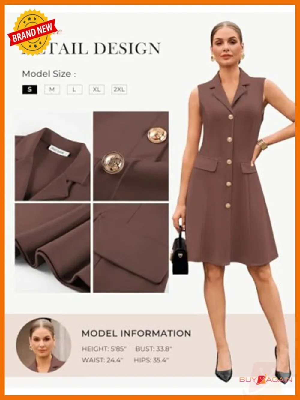 Sleeveless Button Down Work Dress Lapel Collar A-Line Knee Length